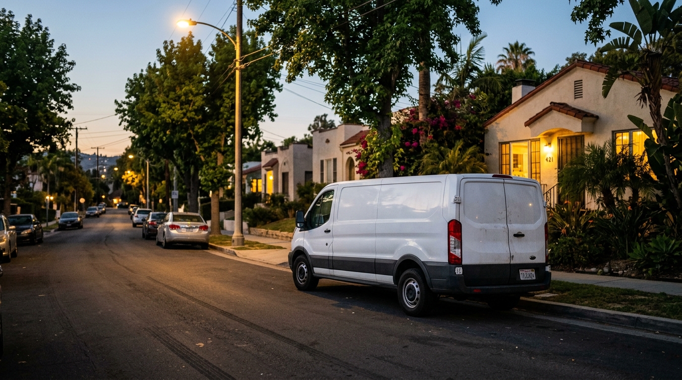 HVAC Nation service van on a Los Angeles street at dusk